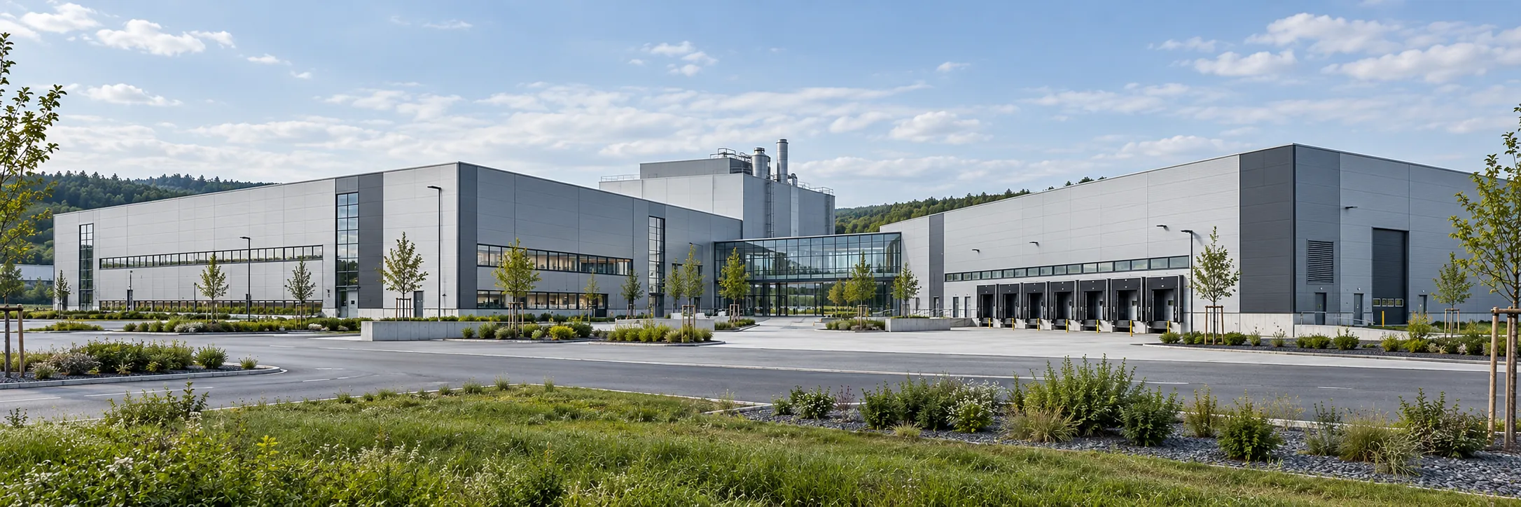KI-generiertes Symbolbild: Produktionsgebäude mit silbergrauen Metallfassaden und verglastem Verbindungsgang.